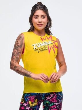 Zumba Fitness Yellow Graphic Sleeveless Tank with Pink Accent
